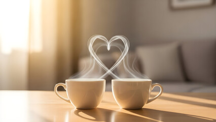 Fototapeta premium Coffee Cups Heart-Shaped Steam Cozy Valentine’s Lifestyle 