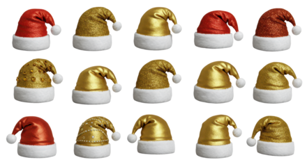 Festive Hats Collection: A vibrant assortment of Santa hats. The hats create a lively, colorful scene. The hats vary in texture and pattern.