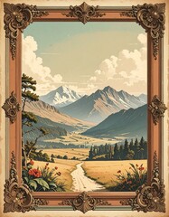 Serene landscape framed by ornate carvings mountain range, path, and valley under a cloudy sky