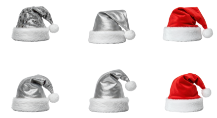 Festive Array of Santa Hats: A collection of Santa hats in shimmering silver and vibrant red, each crowned with a fluffy white pom-pom, evoking the magic and merriment of the season.