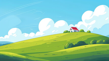 Fototapeta premium Cartoonish Hillside Landscape with a Small House