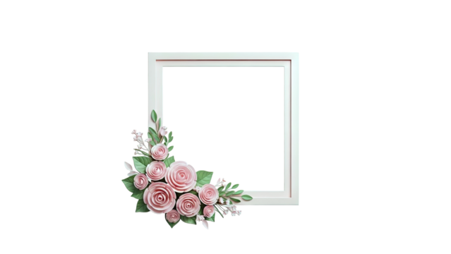 3D Square frame with pink roses and green leaves on transparent background - Powered by Adobe