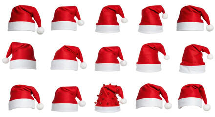 Christmas Cap Collection: Festive collection of red Santa hats, each a symbol of holiday cheer and excitement. The variety showcases a range of styles and orientations