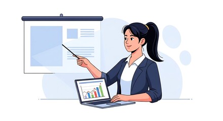 Businesswoman Presenting Data and Analytics on a Screen with Laptop.