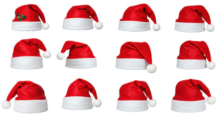 Festive Ensemble: A collection of iconic Santa hats, a symbol of Christmas spirit, each presenting its own unique angle and charm.