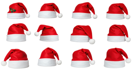 Festive Ensemble: A collection of iconic Santa hats, a symbol of Christmas spirit, each presenting its own unique angle and charm.