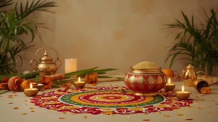 Vibrant colors and twinkling candles adorn a beautifully decorated Indian festival background, capturing the essence of joy and celebration on a Happy Diwali day,