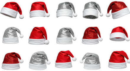 Festive Santa Hats Collection: A delightful arrangement of assorted Santa hats in a variety of styles. Each hat, adorned with a fluffy white trim and a charming pom-pom, exudes the holiday spirit.