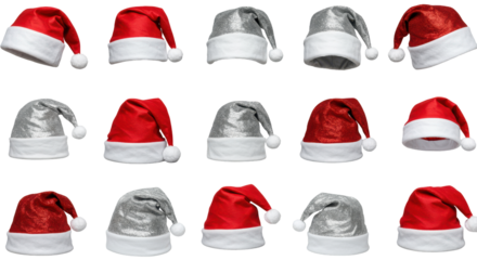 Festive Santa Hats Collection: A delightful arrangement of assorted Santa hats in a variety of styles. Each hat, adorned with a fluffy white trim and a charming pom-pom, exudes the holiday spirit.
