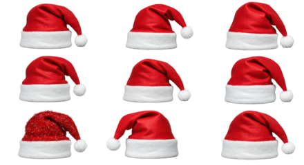 Santa's Festive Array: An arrangement of nine classic Santa hats, embodying the spirit of the holiday season, with a vibrant red and soft white trim.