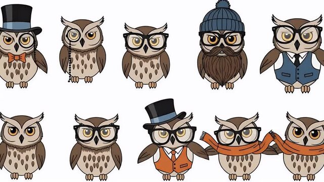 Group Of Cartoon Owls Wearing Glasses Hats Scarves And Vests On White