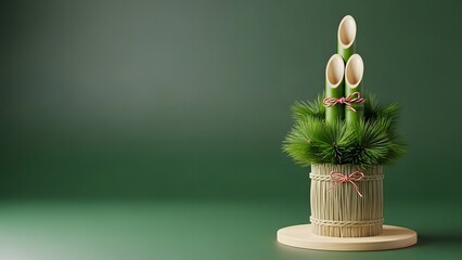Traditional Japanese Kadomatsu New Year Decoration with Bamboo and Pine on Green Background