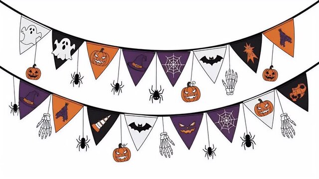 Halloween Bunting Flags with Pumpkins Ghosts Bats Spiders Orange Purple White