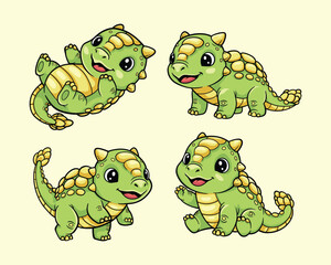 Cute Baby Ankylosaurus Dinosaur Cartoon Set, Kawaii Dino Character Collection for Kids Nursery Design