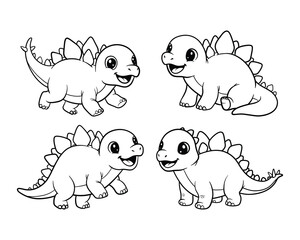 Cute Baby Stegosaurus Dinosaur Line Art Set, Kawaii Dino Cartoon Outline for Kids Coloring Page