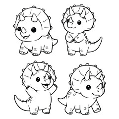 Cute Baby Triceratops Line Art Set, Dinosaur Outline Illustration for Kids Coloring and Nursery Design