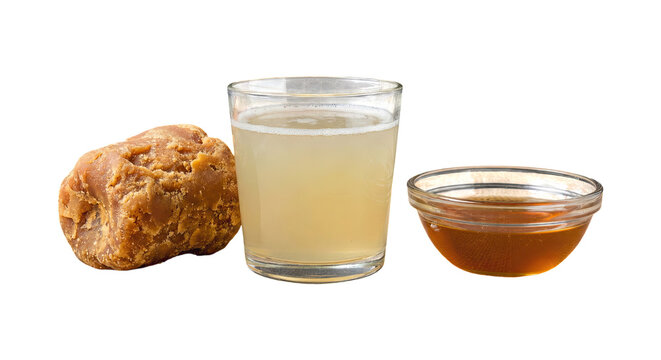 Palm Jaggery Drink with Jaggery Block and Syrup Isolated on Transparent Background