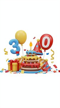 Happy 30th Birthday Celebration with Cake Balloons Gifts Confetti