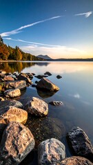 Serene landscape Rocks in the foreground, mirroring water reflects sky, mountains, and trees. Autumn colors and peaceful ambiance