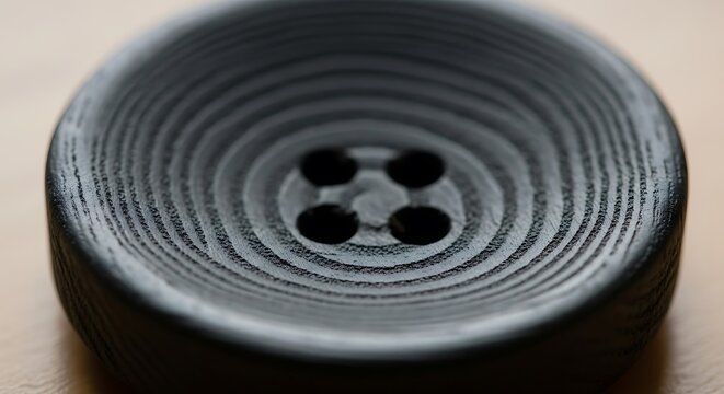 Close-up of a dark gray textured button with four holes.