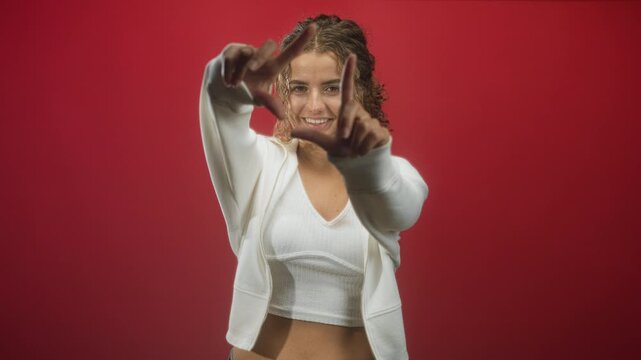 Young woman frames her face with fingers and smiles, showing navel and cropped top against a red studio backdrop while hands move through a short framing sequence; playful confidence.