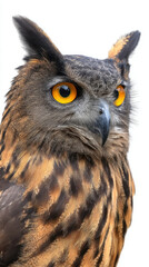 Obraz premium Owl white shot bird wildlife animal portrait studio background isolated design art closeup face head eye beak feather brown black peaceful watching alert natural minimal clean copy space sitting