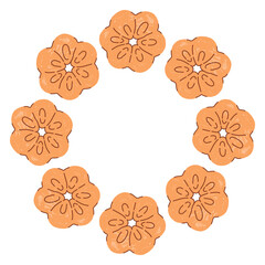 Hand drawn circular cookie frame in a simple doodle style, featuring cute baked shapes arranged in a soft, cozy wreath on a white background. Perfect for festive designs, labels, sweet themed branding