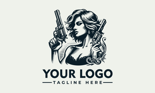 A black and white vector illustration of a woman holding two guns with a logo and tagline text on a clean white background.