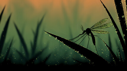 Close up silhouette of a mosquito on a blade of grass with morning dew drops