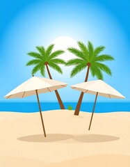 Cartoon beach scene with parasols, palm trees, and the sun