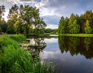 Serene landscape with a calm lake reflecting lush greenery and a partly cloudy sky. The setting sun bathes the scene in warm light