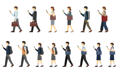 フラットイラスト：歩きスマホする人々(サイド)