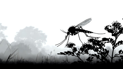 Black silhouette of a mosquito perched on a flowering plant against a misty forest background