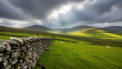 Rolling green hills with a stone wall and sheep under dramatic sunbeams landscape rolling hills