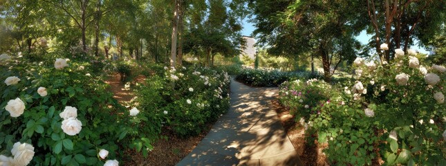 Fototapeta premium Path through garden with blooming white flowers trees and sunlight