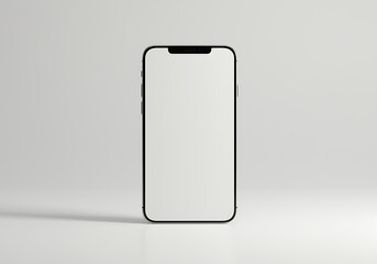A sleek black smartphone with a blank white screen on a light gray background with subtle shadows