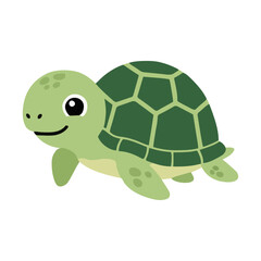 Adorable green sea turtle cartoon character walking slowly for kids book illustration and nature design