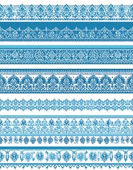 Several ornate, blue and white decorative border designs are arranged vertically, each with a unique floral pattern against a white background