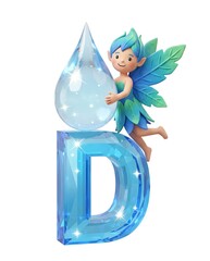 A vibrant blue fairy character playfully interacting with a shimmering water droplet and the letter D, creating a whimsical and enchanting visual for creative projects.