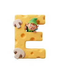 A whimsical, colorful character peeking from behind a large, cheese-shaped letter 'E' adorned with mushrooms, perfect for children's educational materials or playful designs.