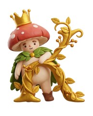 A whimsical character, featuring a child-like figure adorned with a mushroom cap and leaf cloak, holding a golden vine