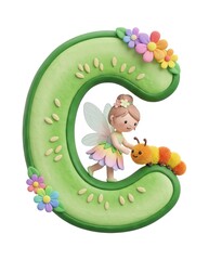 A whimsical and colorful illustration featuring a fairy interacting with a friendly caterpillar beside a large letter 'C', surrounded by vibrant flowers, perfect for children's the