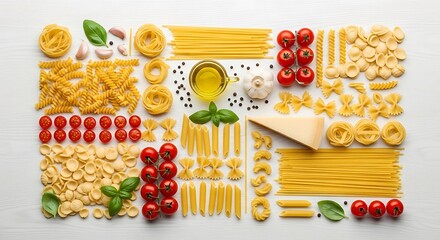 Assorted uncooked pasta with tomatoes garlic and basil on white background