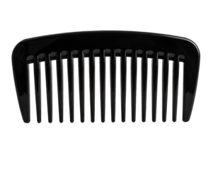 Black wide-tooth comb on transparent background for hair care and styling