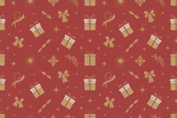 Christmas gift boxes bells seamless pattern red gold background