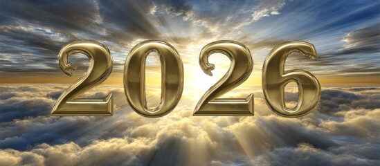 Golden 2026 numbers floating in a dramatic sky with clouds and light rays.