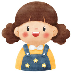 Watercolor Illustration of Cute Smiling Little Girl Character