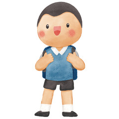 Watercolor Illustration of Happy Smiling School Boy Character in Uniform
