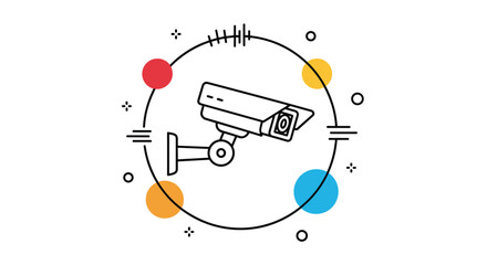 Obraz premium Minimalist line art icon of a security camera inside a circle with decorative elements and colorful dots around it.