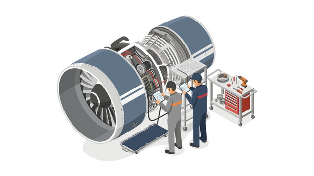 Illustration of two technicians inspecting a large industrial jet engine with tools and equipment.